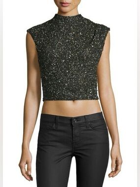 Alice + Olivia Metallic Black Sequin Crop Top